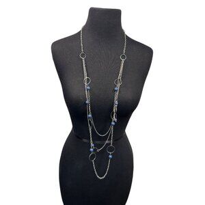 Silver Long Multistrand Necklace With Blue Beads & Circle Accents Chain Layered